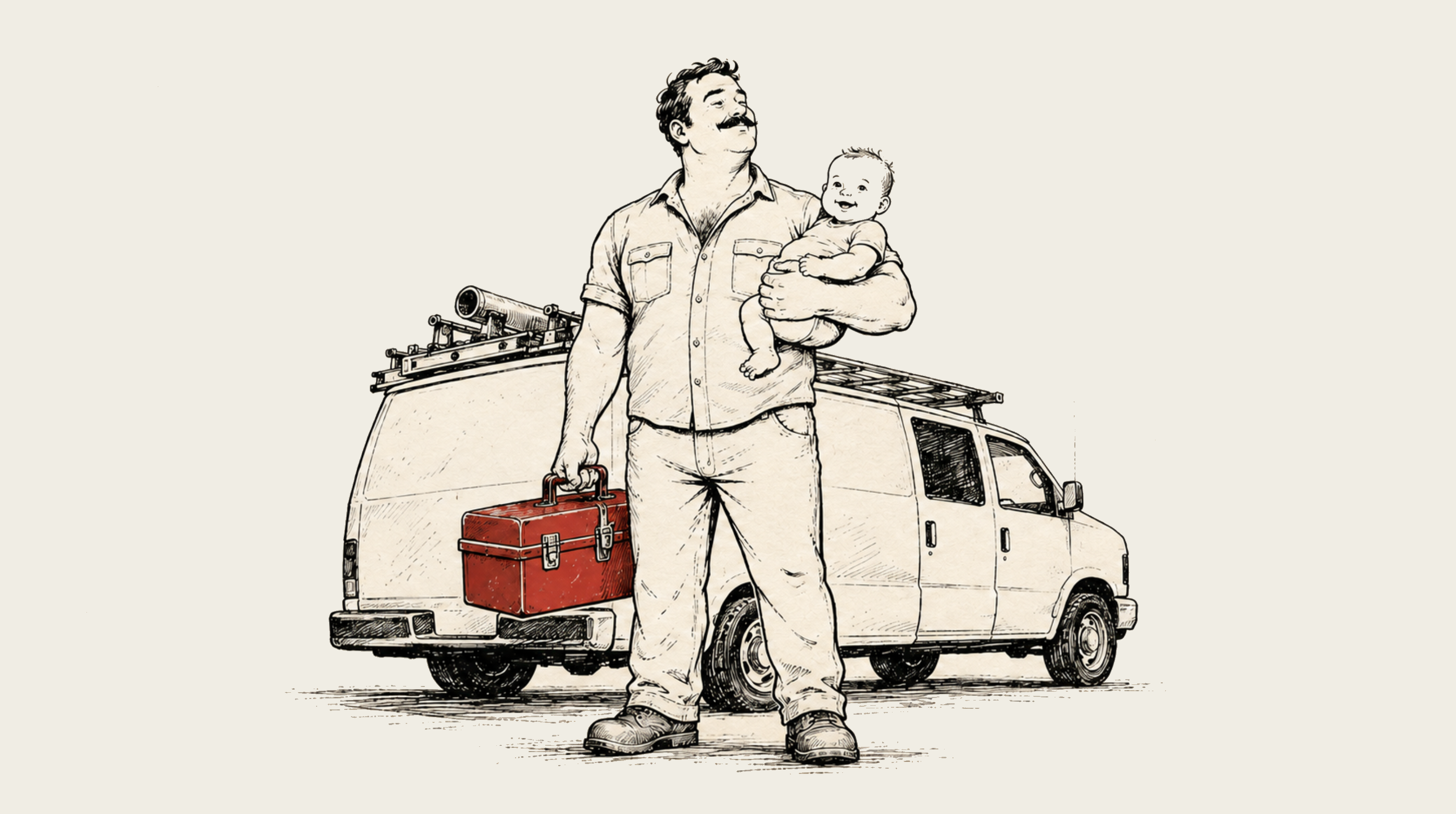 Illustration of a tradesperson holding a baby and a toolbox in front of a work van.
