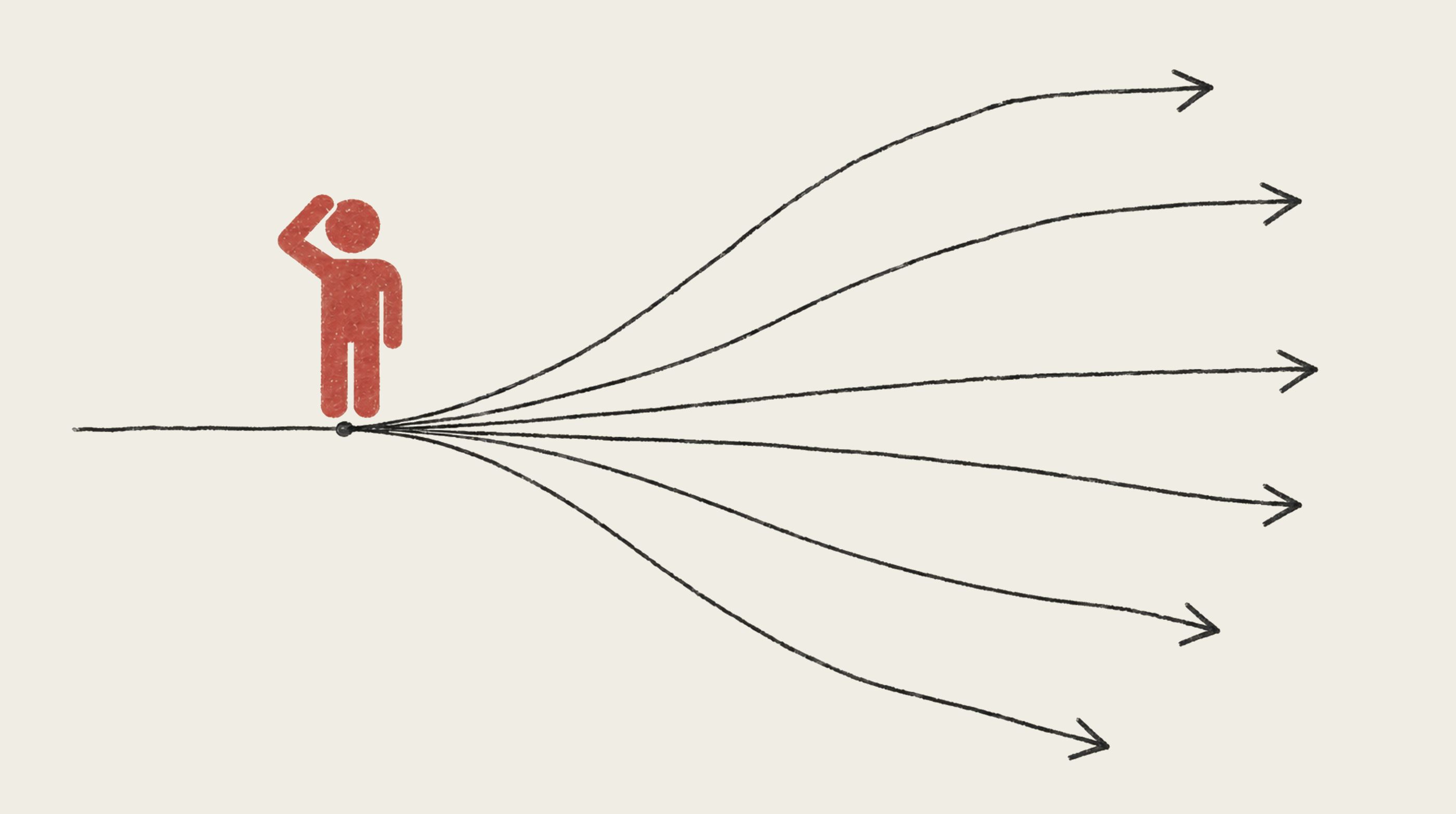 Illustration of a person looking at several paths branching in different directions.