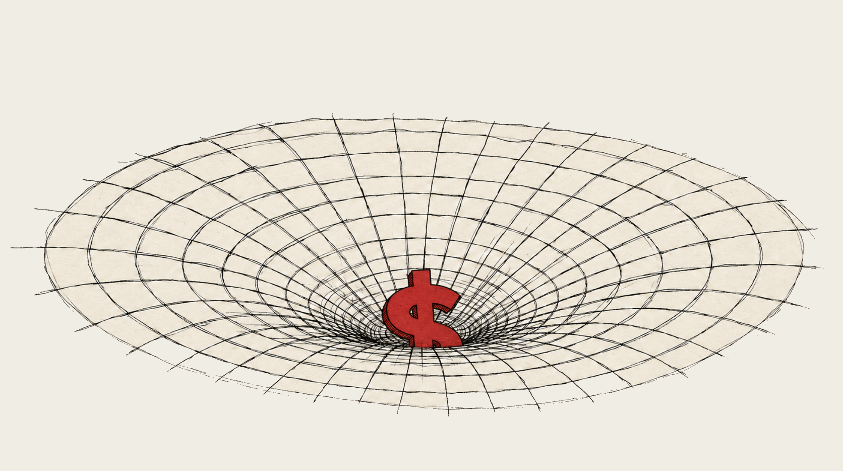 Illustration of a dollar sign sinking into a funnel-shaped grid.