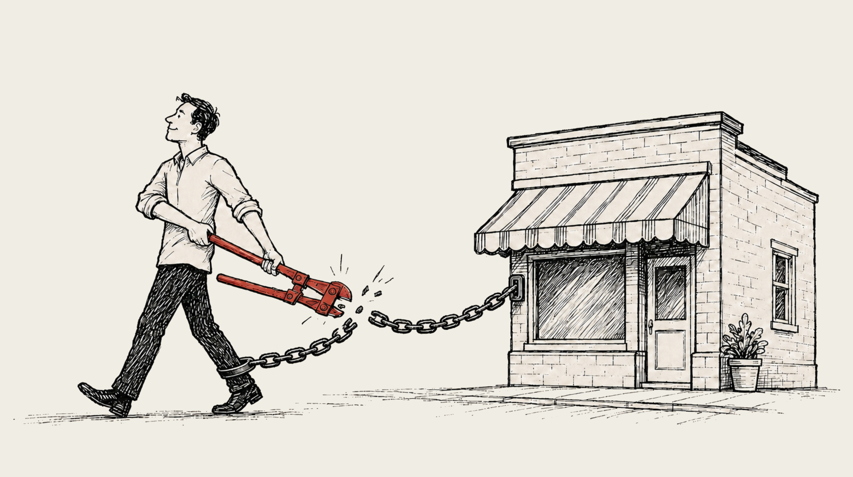 Illustration of a person cutting a chain connecting them to a storefront.