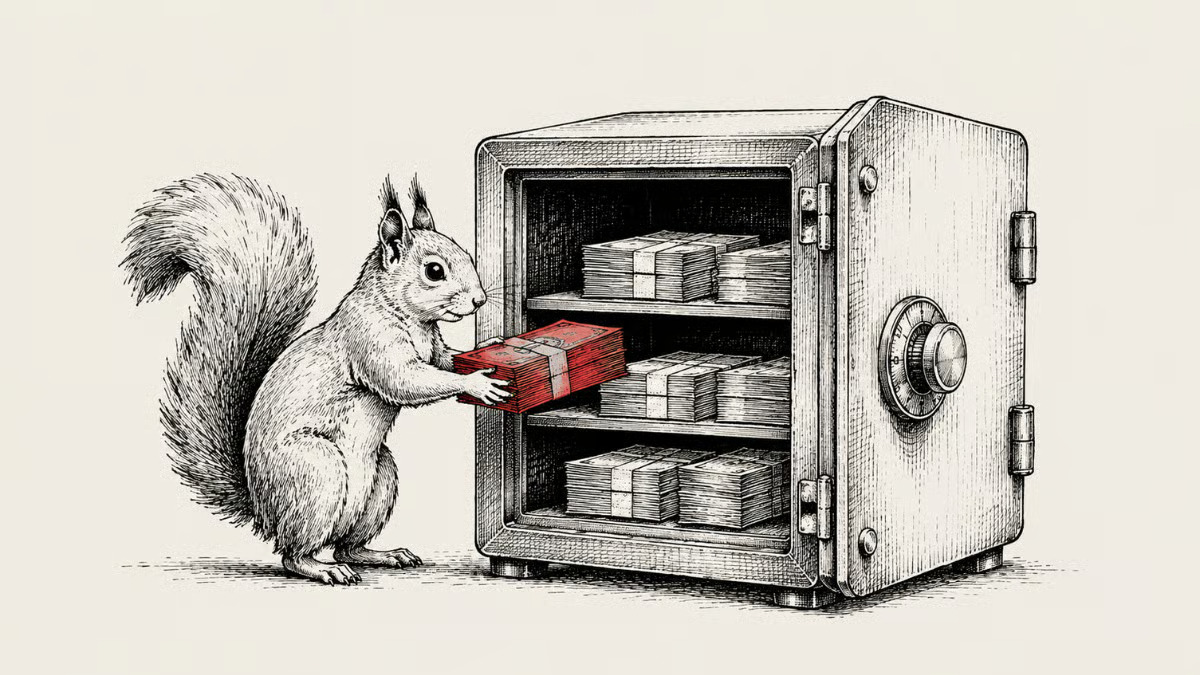 Illustration of a squirrel placing a stack of cash into an open safe filled with money.