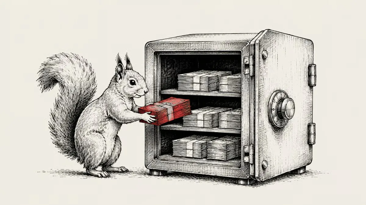 Illustration of a squirrel placing a stack of cash into an open safe filled with money.