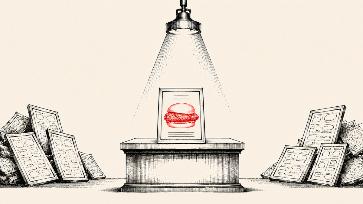 Chicken sandwich highlighted on a pedestal under a spotlight with menus stacked on both sides.