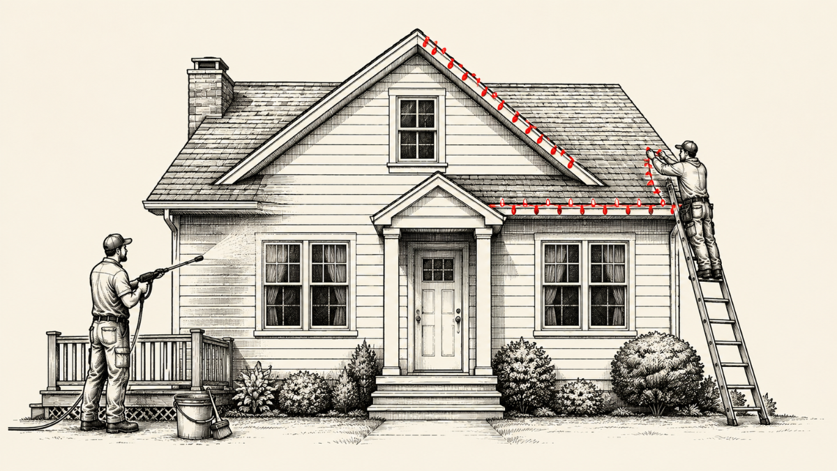 Black-and-white illustration of workers pressure-washing a house and installing red Christmas lights.