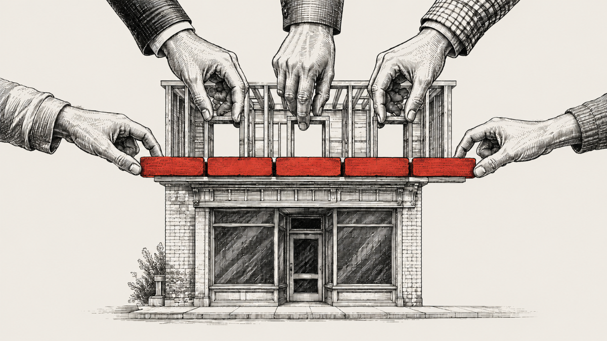 Illustration of multiple hands working together to build a small business storefront, placing red bricks along the top of the building.