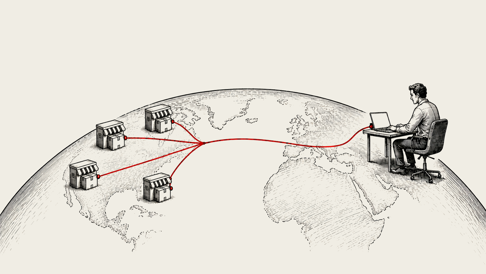 Illustration of a person managing multiple small businesses across the world from a laptop, with red lines connecting storefronts on a global map.