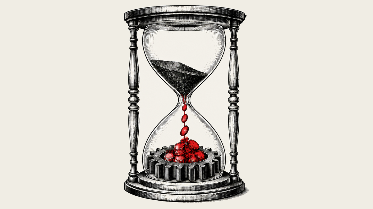 Illustration of an hourglass with red coins falling like sand into a gear.