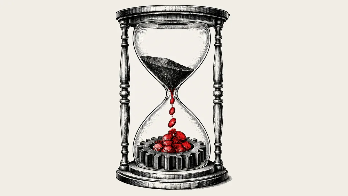 Illustration of an hourglass with red coins falling like sand into a gear.