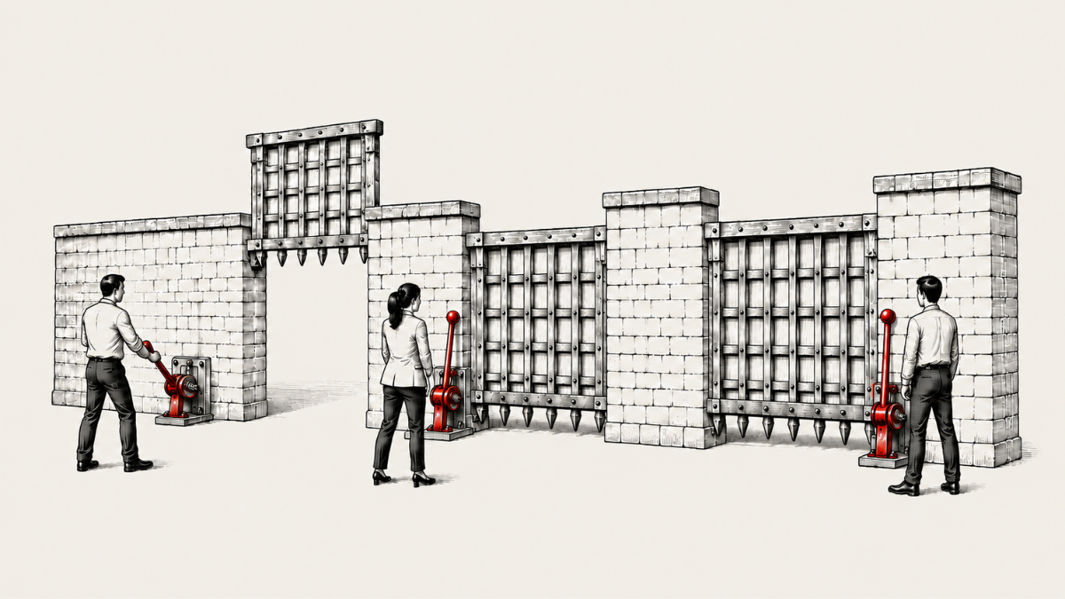 3 business owners operating red levers to open different gates