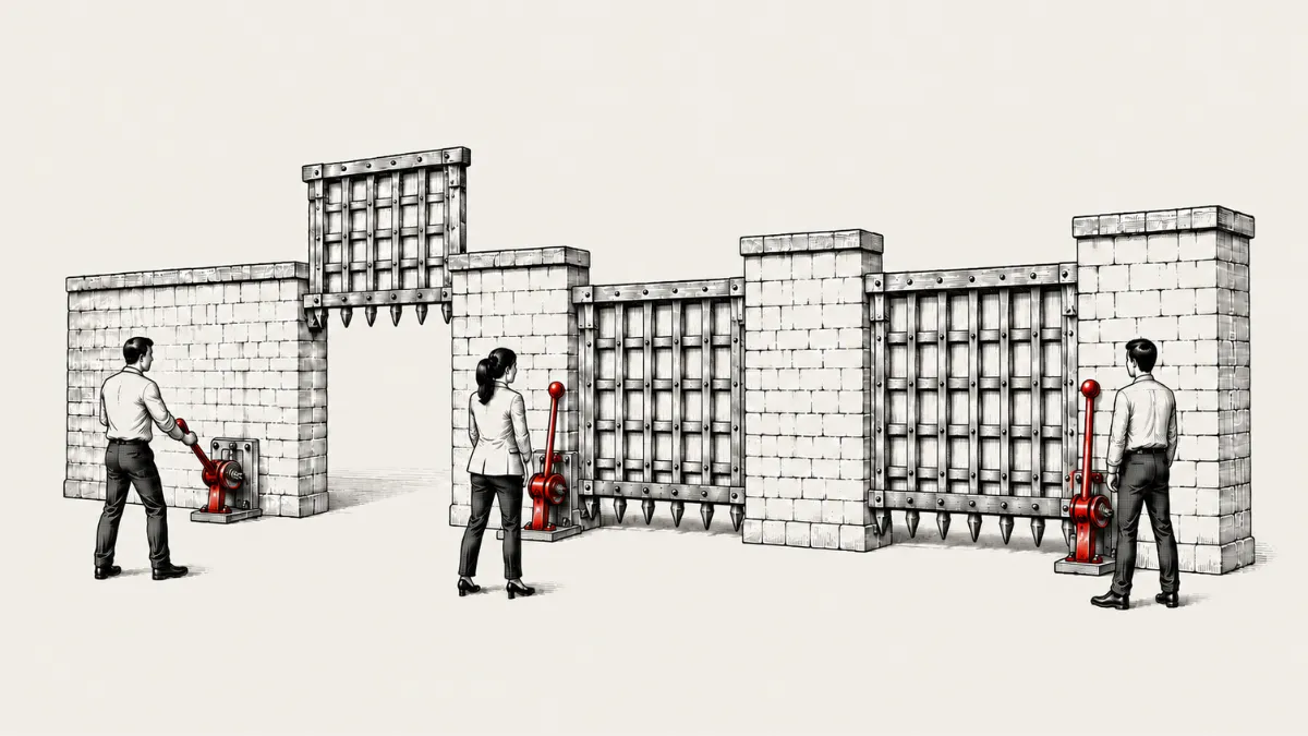 3 business owners operating red levers to open different gates