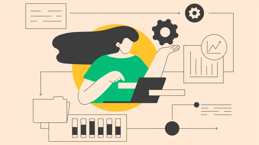 illustration of woman balancing multiple tasks on laptop