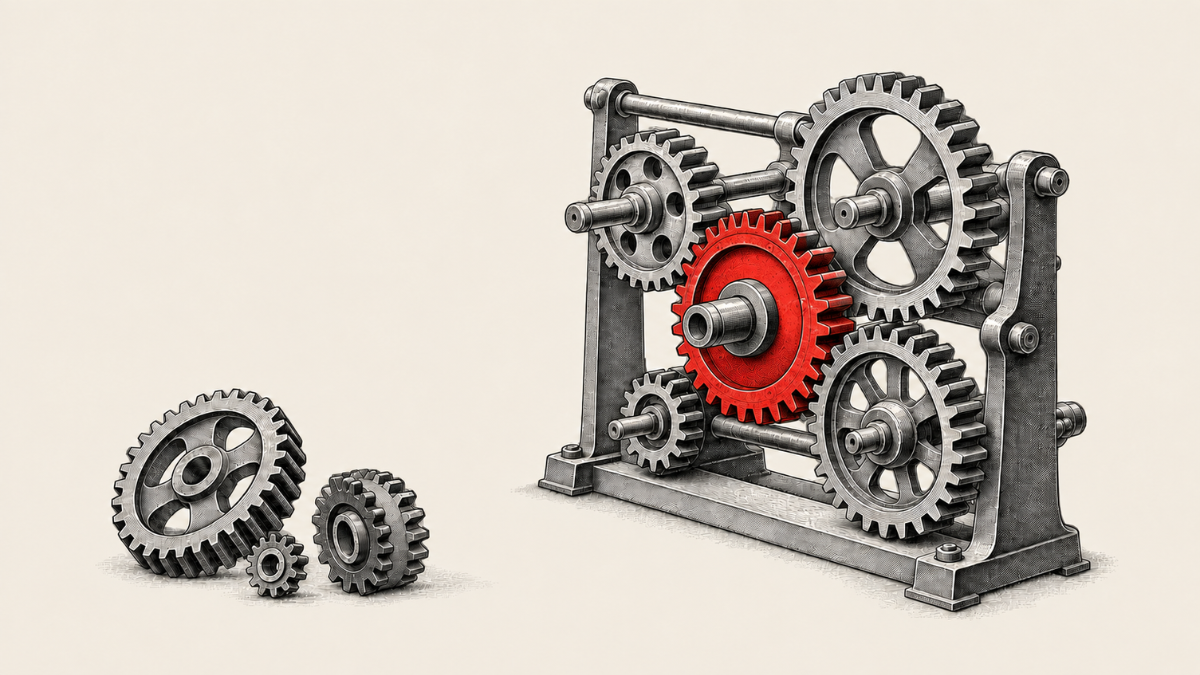 Illustration of interlocking gears in a machine, with one red gear at the center and several loose gears beside it