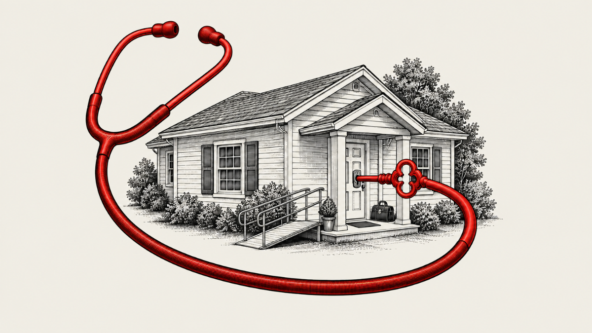 Illustration of a senior care home surrounded by a red stethoscope, with its tubing forming a key at the front door.