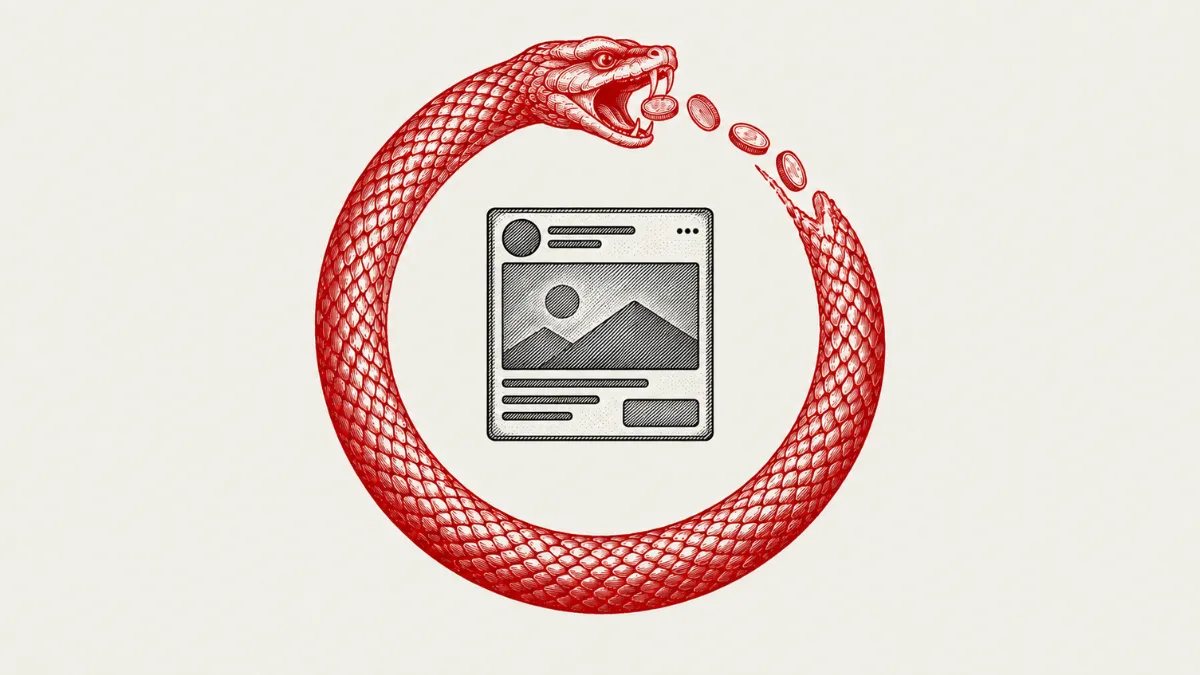 Red snake forming a circle around a social media post, with coins passing between its head and tail