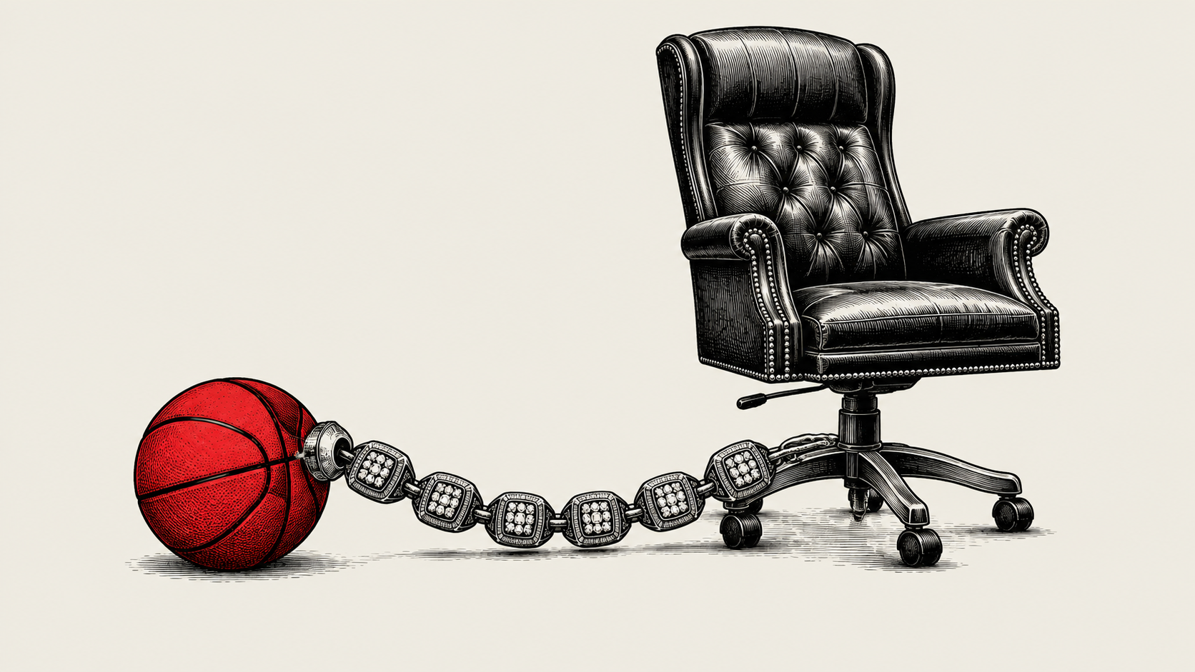 a red basketball chained to a black executive chair