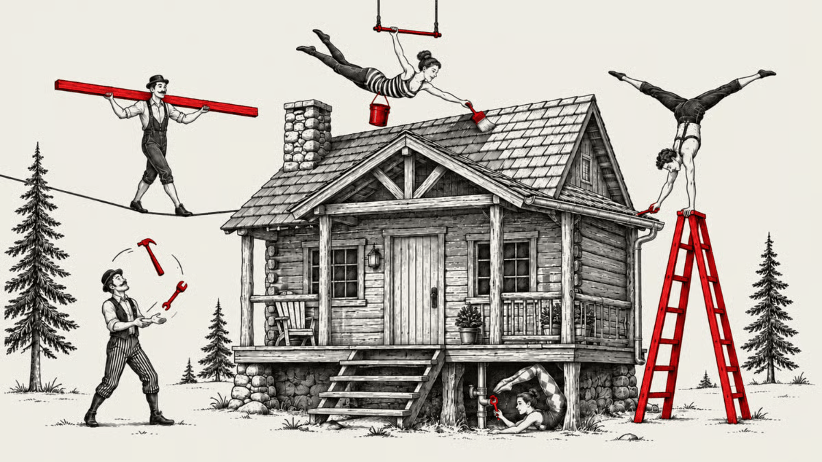 Illustration of people working around a rustic cabin, including painting the roof, balancing on a ladder, and carrying building materials.