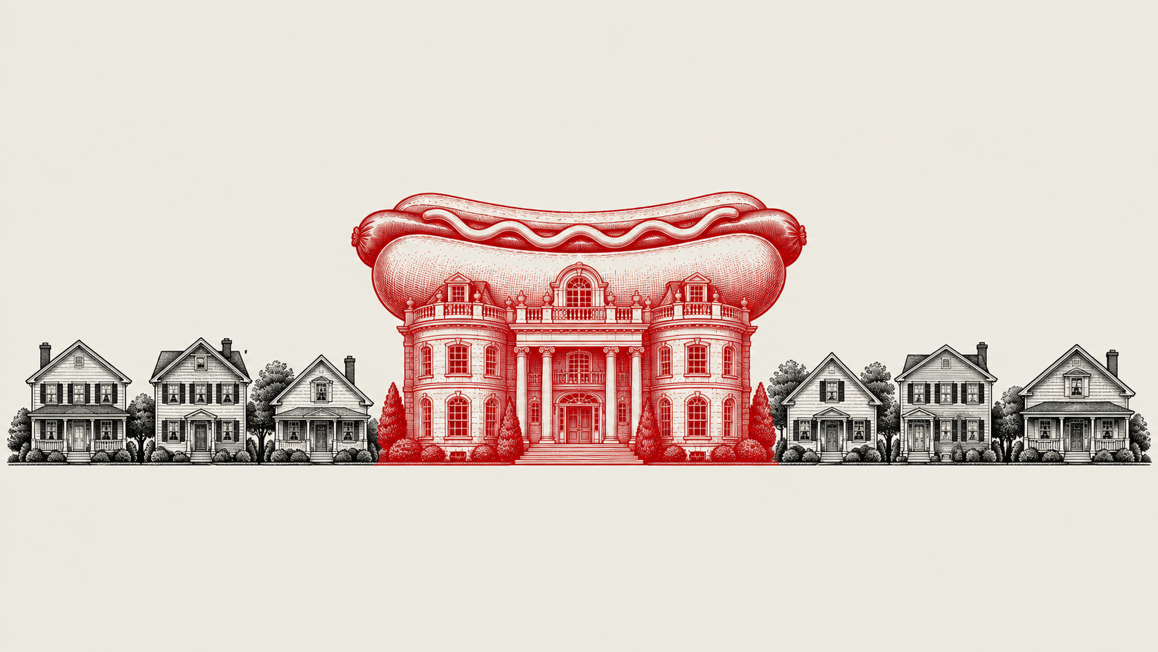 Illustration of a large mansion shaped like a hot dog, surrounded by smaller suburban houses.