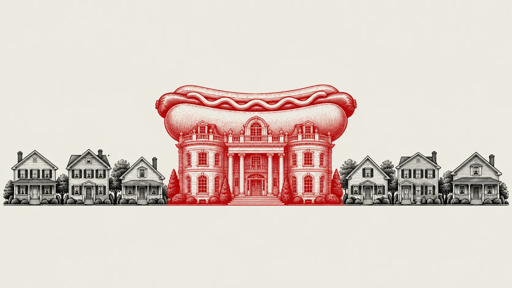 Illustration of a large mansion shaped like a hot dog, surrounded by smaller suburban houses.