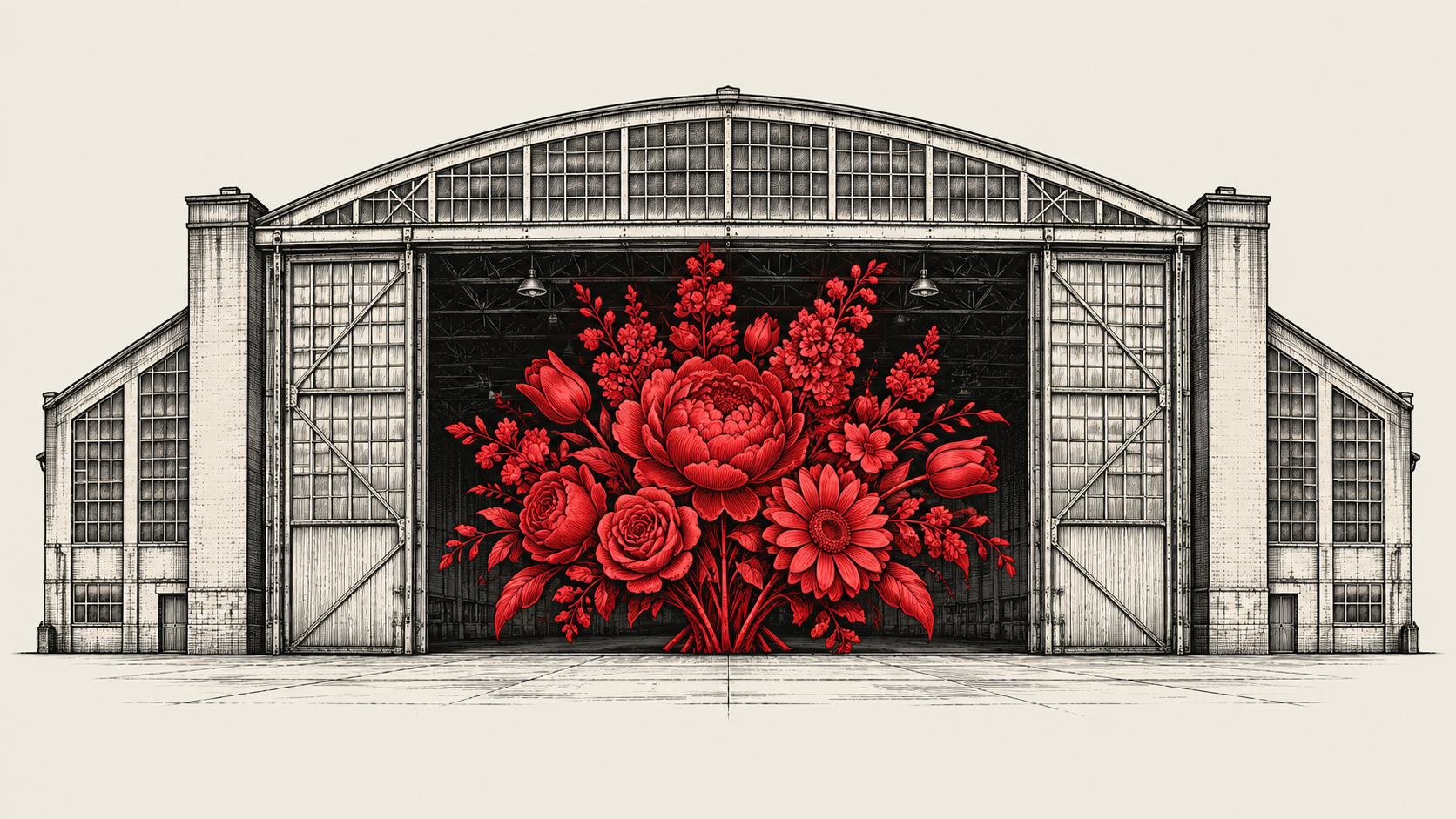 Huge airplane factory with a vibrant red bouquet of flowers filling the entrance