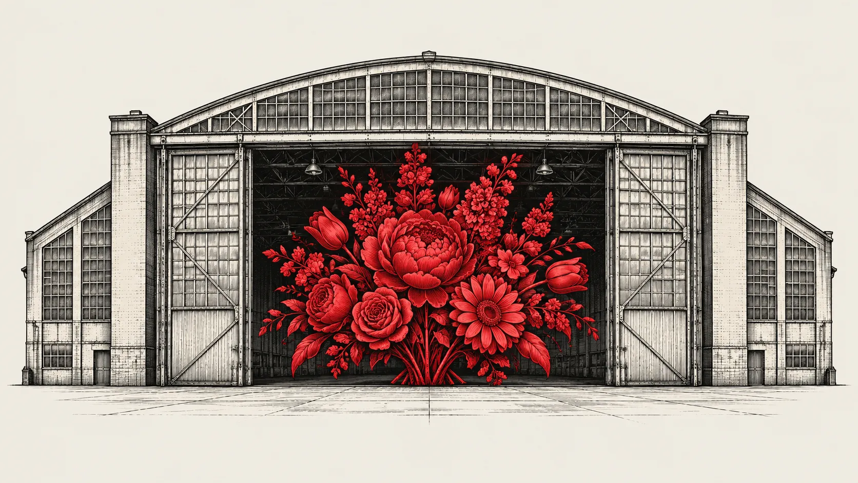 Huge airplane factory with a vibrant red bouquet of flowers filling the entrance