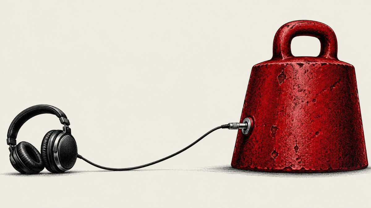 Illustration of black headphones plugged into a large red weight.