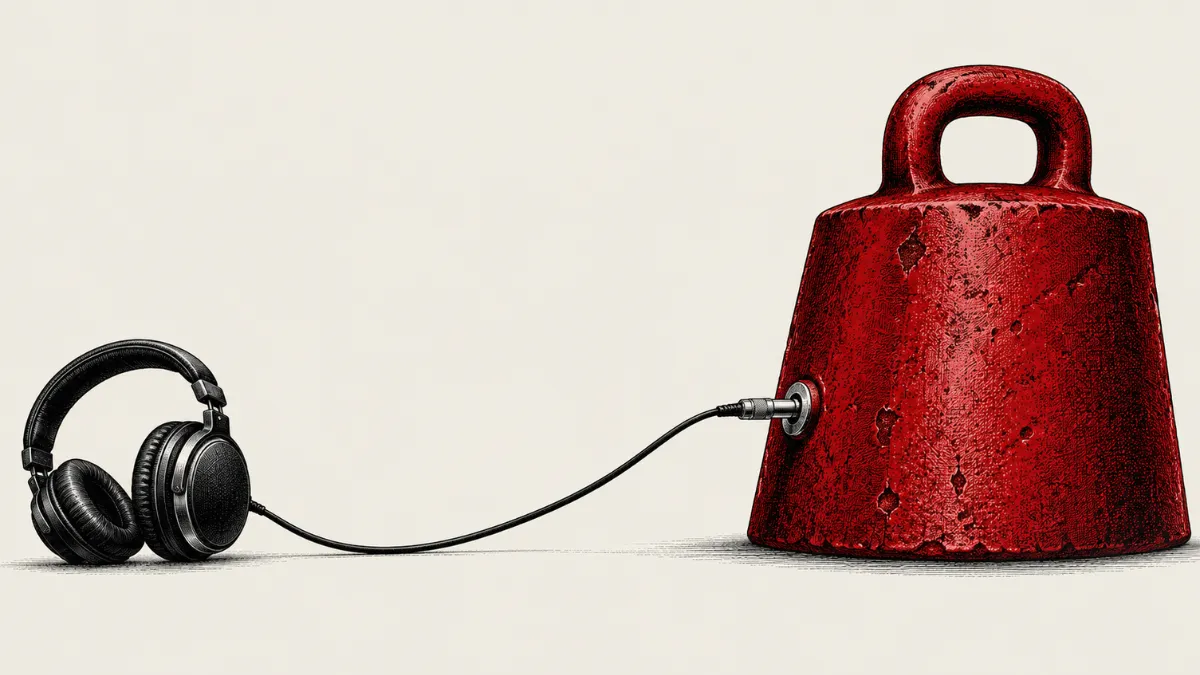 Illustration of black headphones plugged into a large red weight.