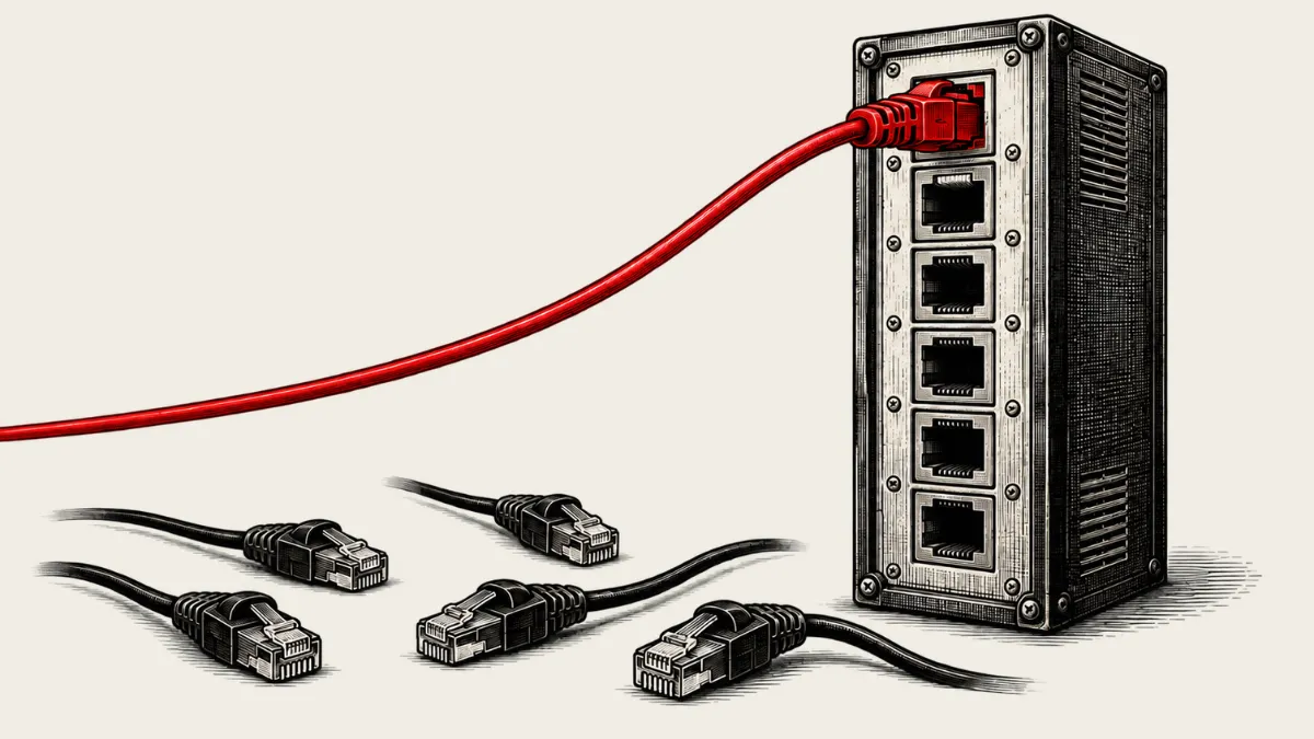 illustration of several ethernet cables connecting to a network switch, with one cable highlighted in red.