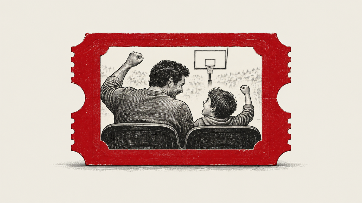 Black-and-white illustration of a father and son cheering at a basketball game, framed inside a large red ticket.