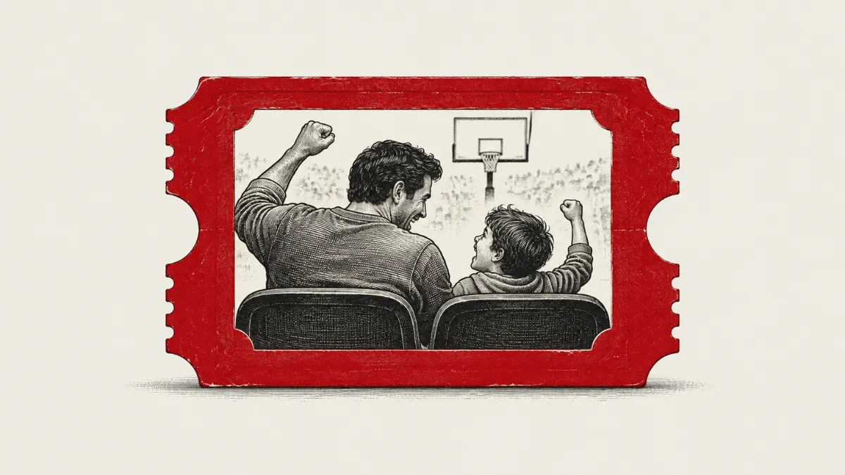 Black-and-white illustration of a father and son cheering at a basketball game, framed inside a large red ticket.