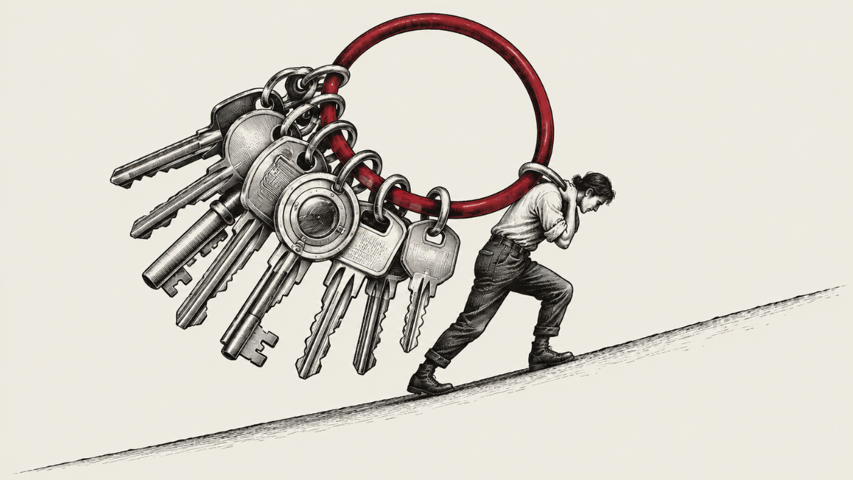 Black-and-white illustration of a man struggling to carry a giant red keyring filled with keys while walking uphill.