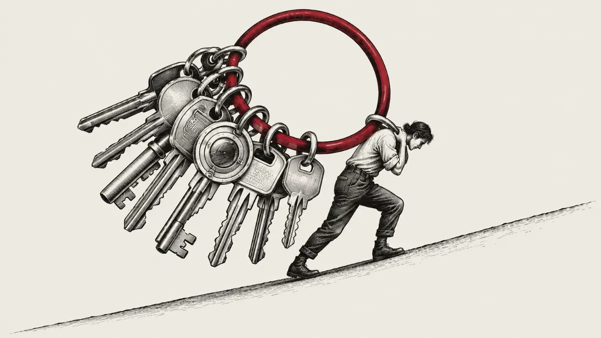 Black-and-white illustration of a man struggling to carry a giant red keyring filled with keys while walking uphill.