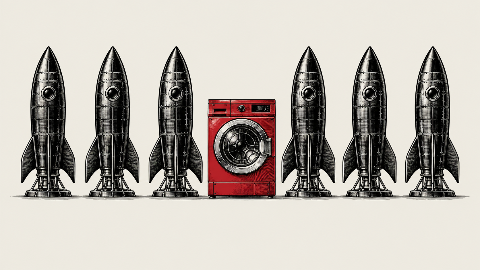 Black-and-white illustration of six rockets lined up with a red washing machine in the center.