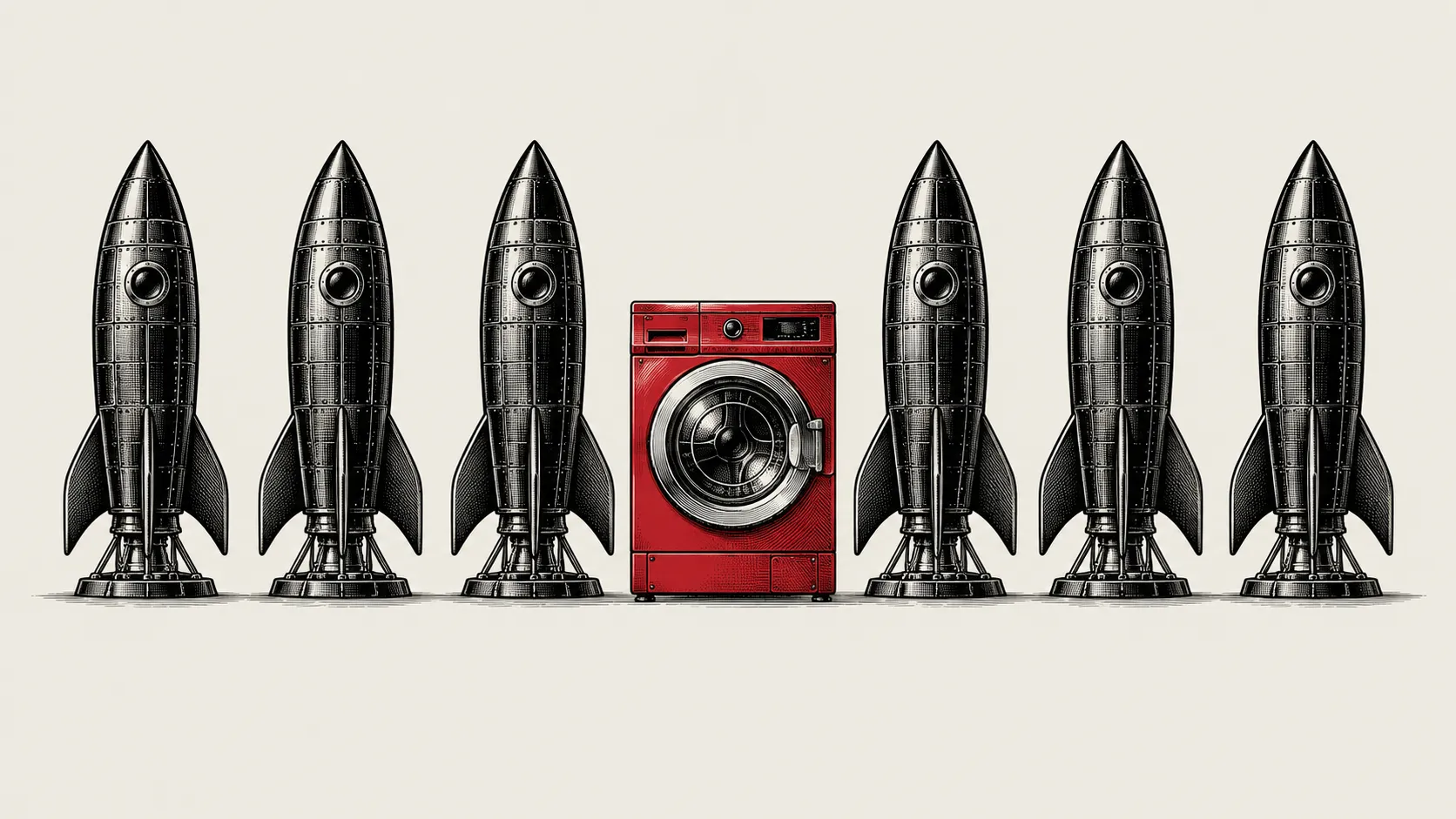 Black-and-white illustration of six rockets lined up with a red washing machine in the center.