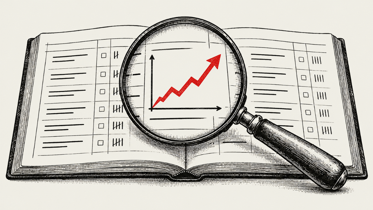 Black-and-white illustration of an open notebook with a magnifying glass highlighting a red upward-trending growth chart.