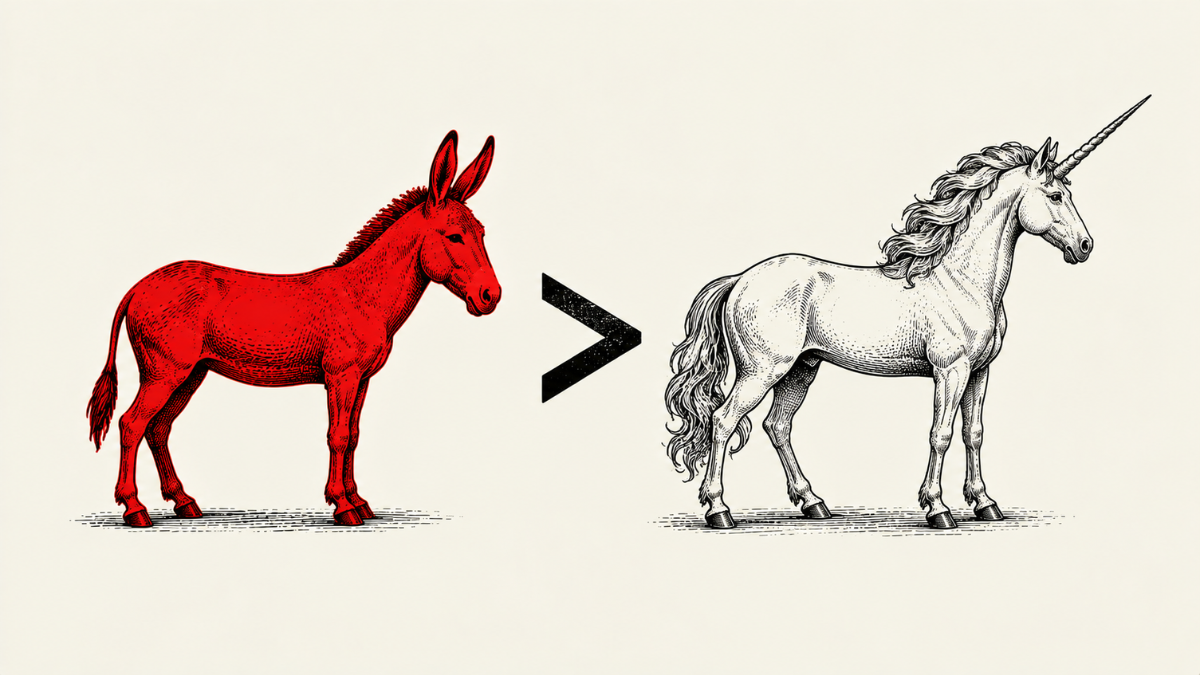 Illustration of a red donkey on the left and a white unicorn on the right, separated by a greater-than symbol.