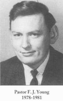 Black and white portrait of a man in suit and tie with neatly combed hair, identified as Pastor F. J. Young, dated 1978-1981.