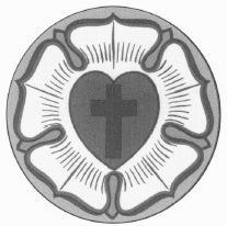 Black and white illustration of a rose with a heart in the center that contains a cross, surrounded by radiating lines, representing the Luther Rose symbol.