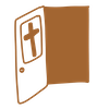 Simple brown sketch of a partially open door showing a door handle and a cross symbol on its left side.