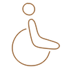 Simplified icon of a person in a wheelchair, outlined in orange and brown lines.