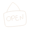 A hand drawn outline of a sign with the word "OPEN" written within the sign.