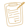 Yellow line drawing of a clipboard with a sheet of paper and a pencil writing on it.