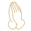 Outlined icon of two hands pressed together in a praying gesture, in mustard yellow color on a white background.
