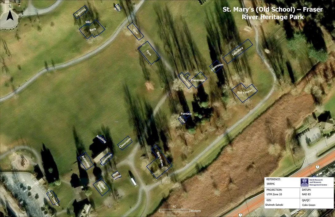 Aerial map of St. Mary's (Old School) – Fraser River Heritage Park showing labeled buildings including classrooms, gym, dorms, laundry, barn, silo, furnace, boiler, staff houses, auto shop, and a track area.