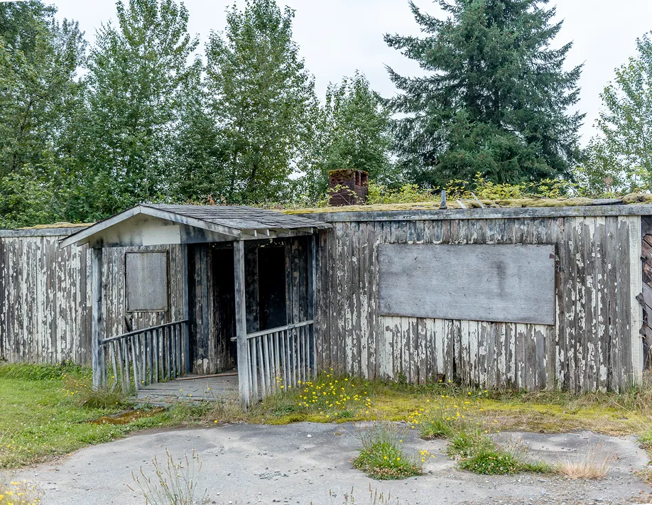 An old run down shack with a green roof.