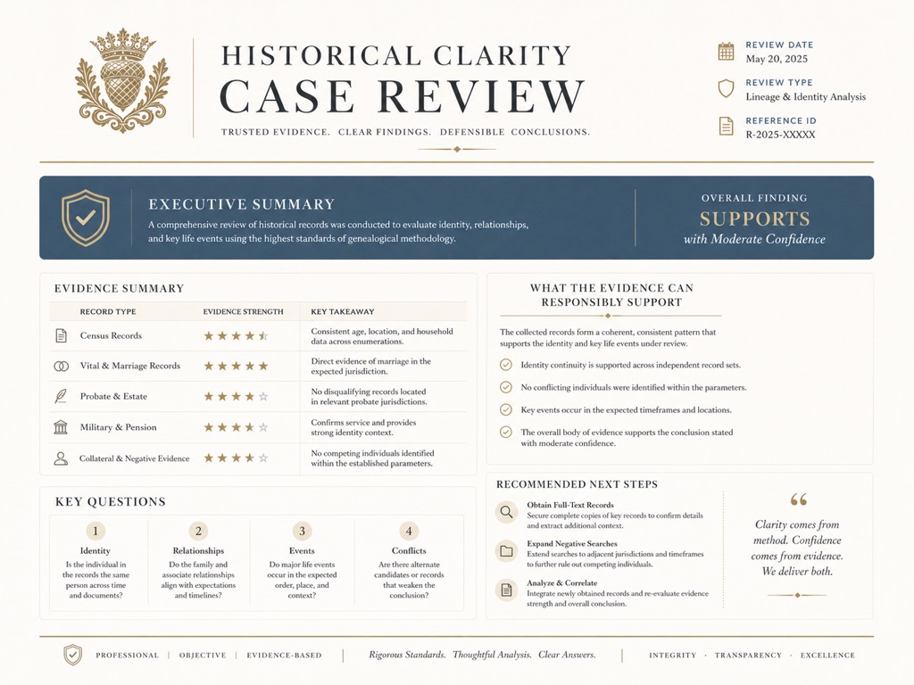 Historical Clarity Case Review report showing evidence summary, key questions, findings, and next steps.