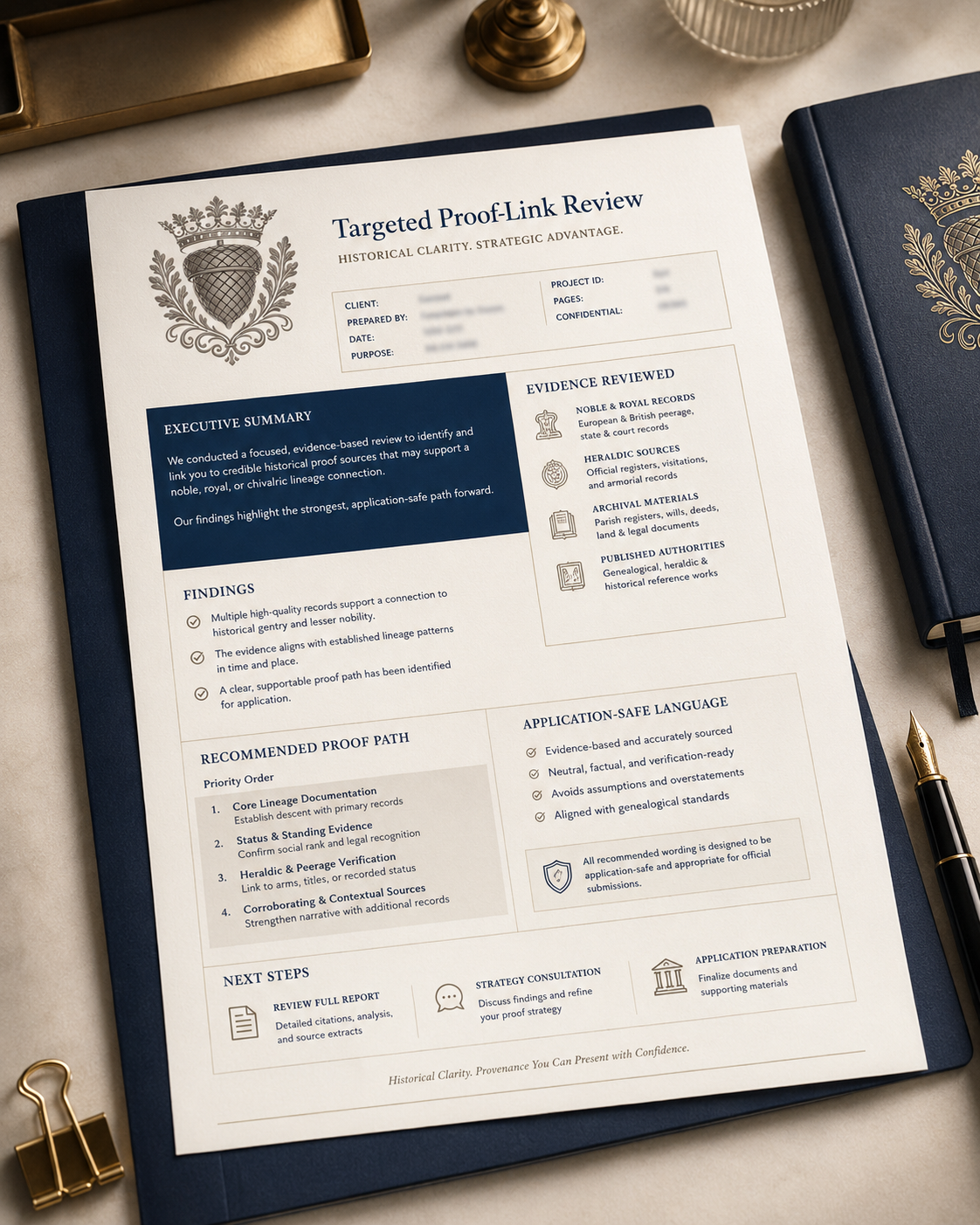 Document titled Targeted Proof-Link Review detailing historical evidence, findings, recommended proof path, and next steps.