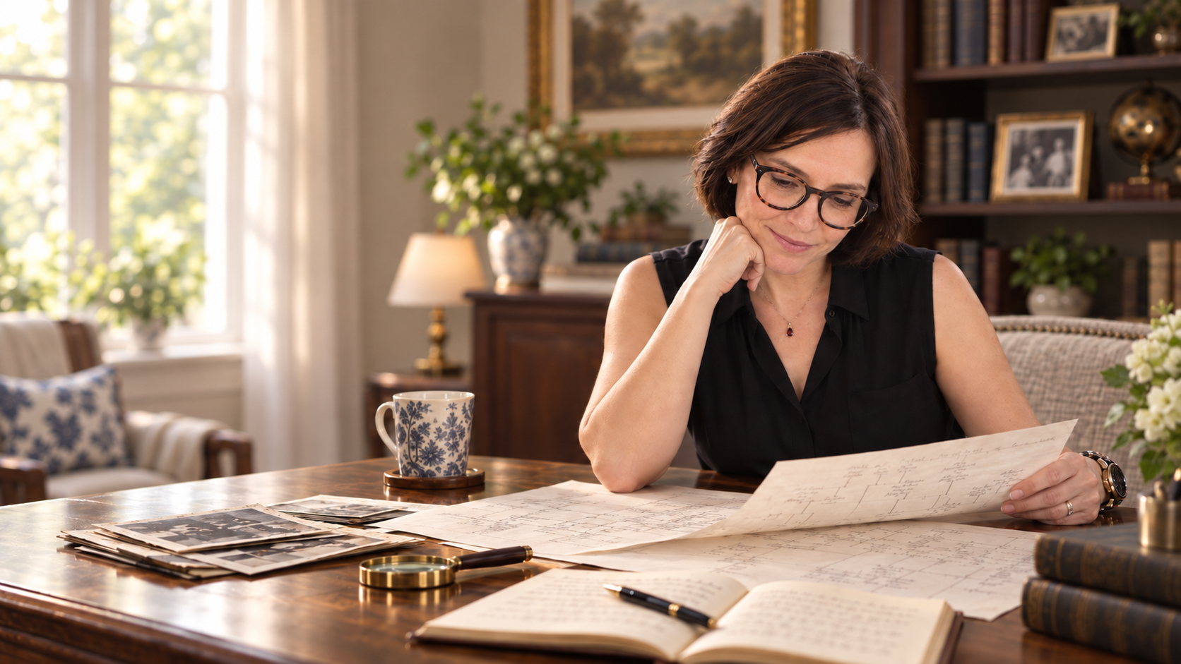 Amy Rookstool studying historical records and relationship evidence in a private study.