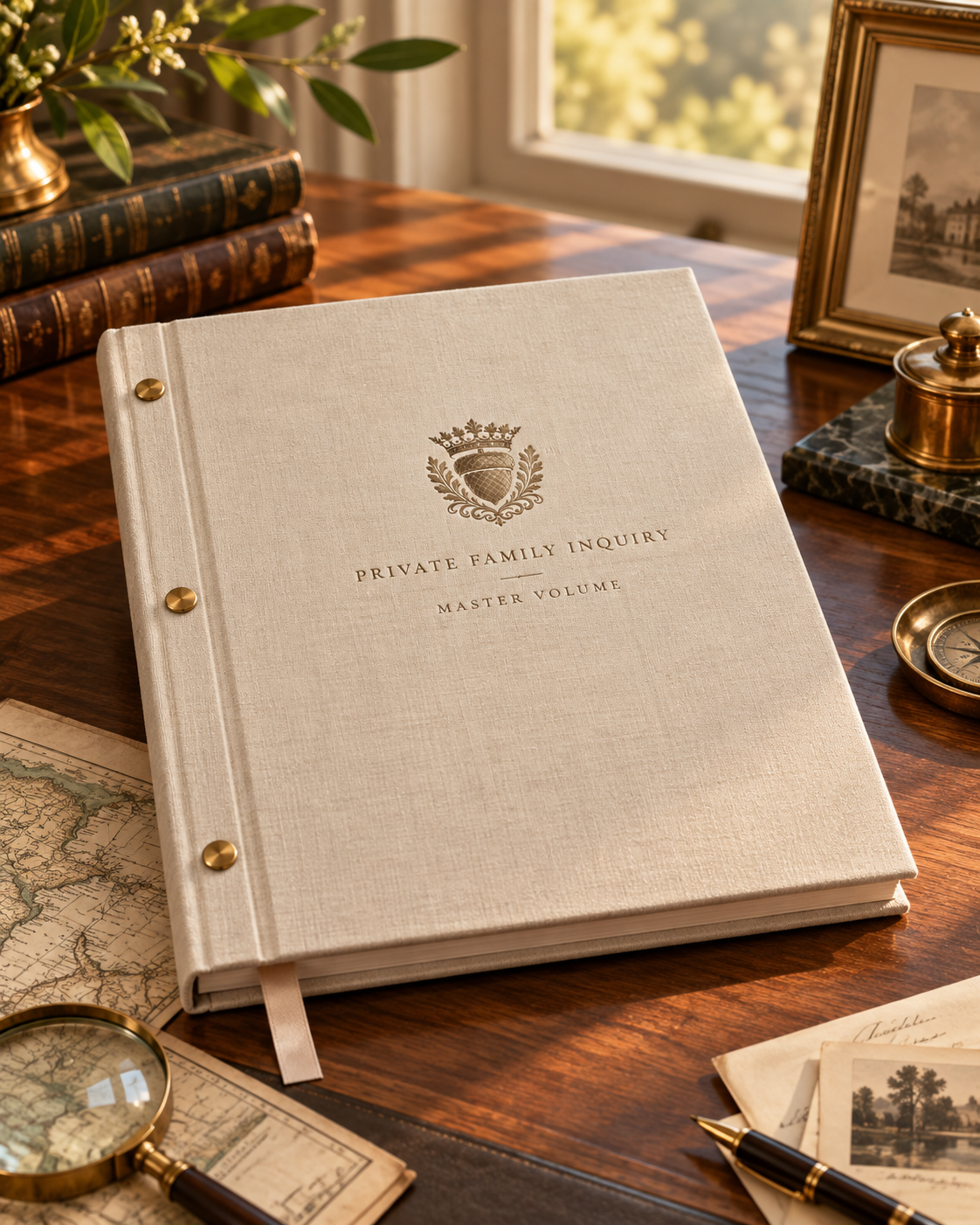 Linen-bound Master Volume for a private family inquiry, with brass three-post binding and discreet crest treatment.