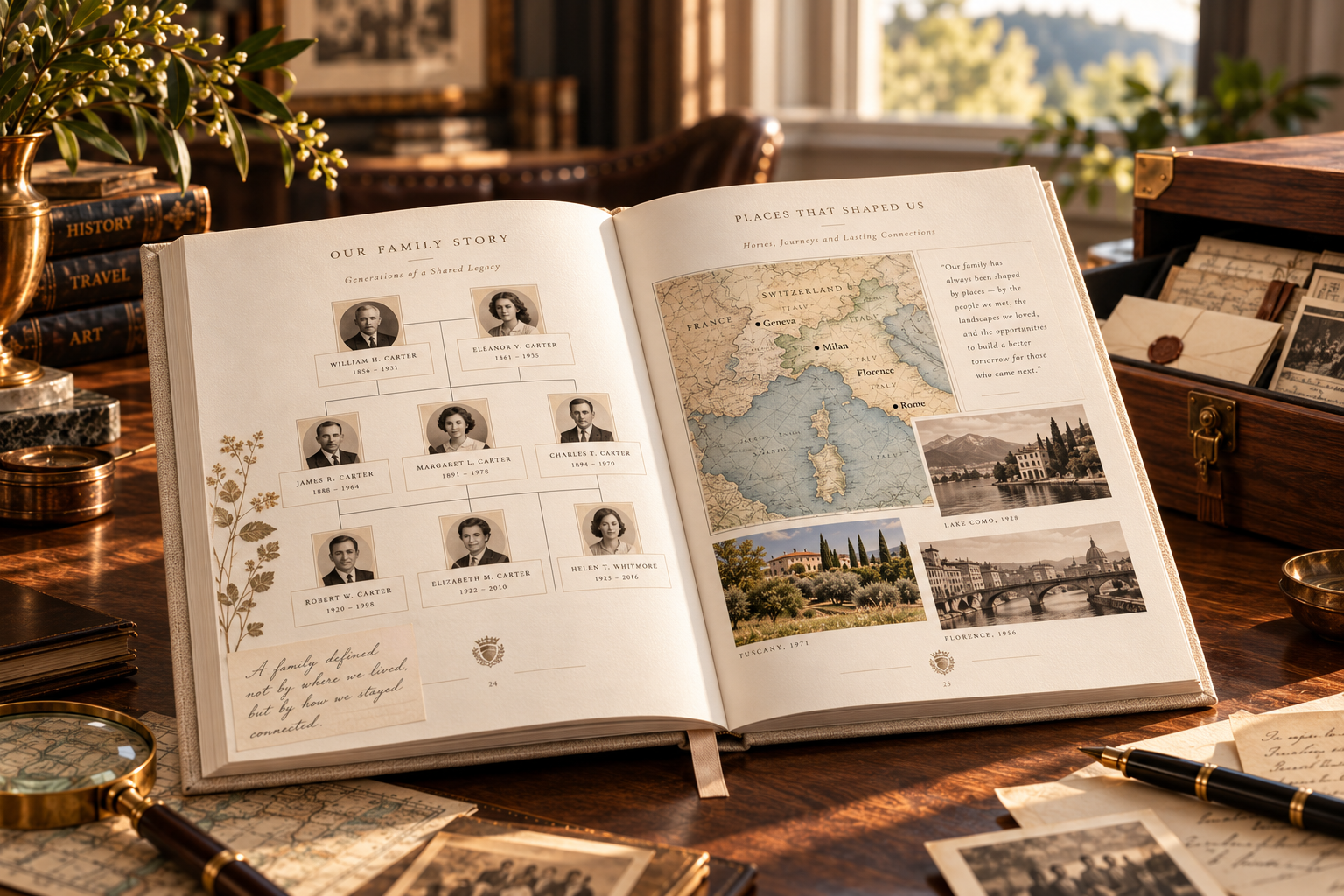 Family history spread combining portraits, chronology, places, and contextual narrative.