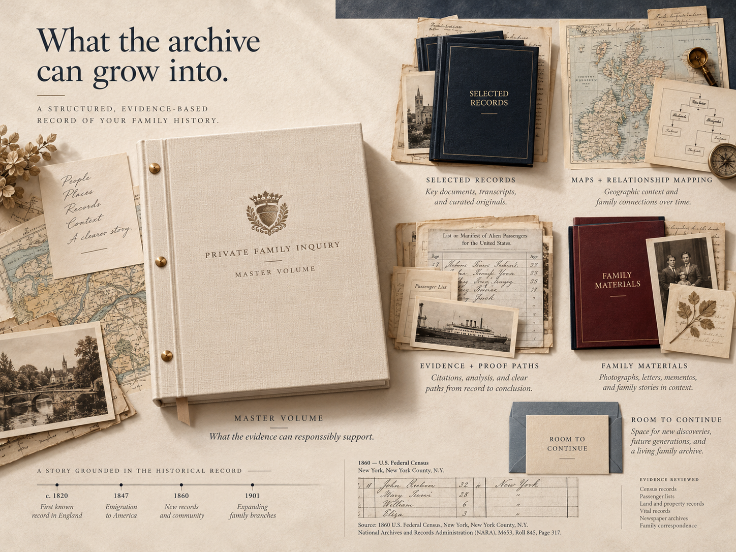 Conceptual private family archive organized around a Master Volume with selected records, maps and transcriptions, evidence notes, family materials, and room to continue.
